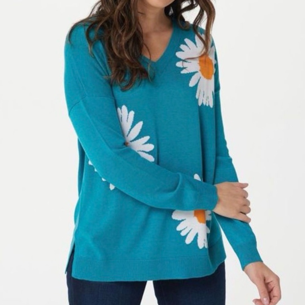 Laurie Felt Cashmere Blend Blue Daisy Flower Sweater Medium